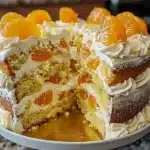 Close-up of a moist Mandarin Orange Pineapple Cake with creamy frosting and fresh mandarin slices on top.
