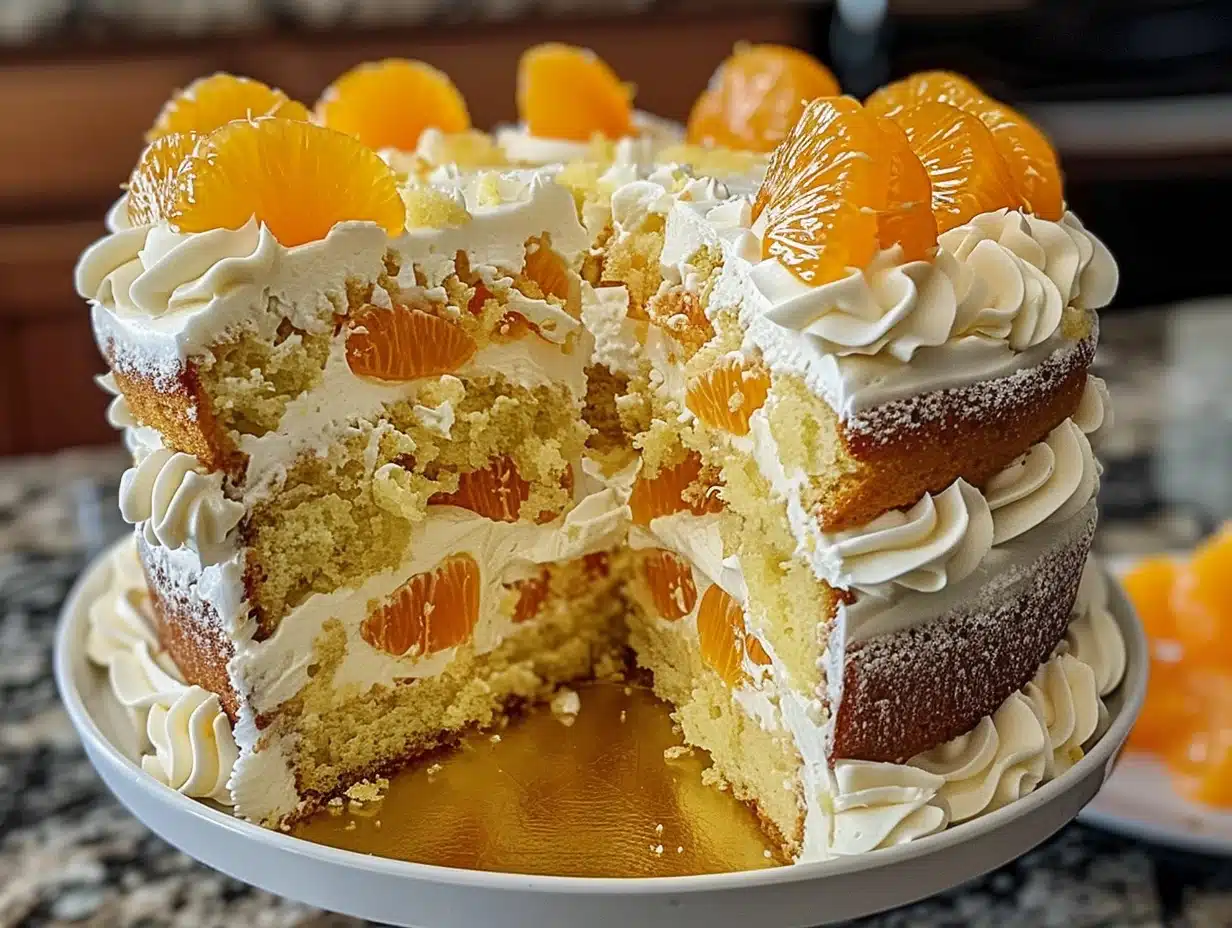 Close-up of a moist Mandarin Orange Pineapple Cake with creamy frosting and fresh mandarin slices on top.