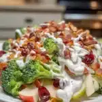Colorful Apple Broccoli Salad bursting with apple slices, crisp broccoli, dried cranberries, walnuts, and creamy dressing on a plate.
