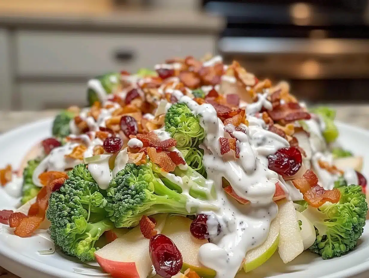 Colorful Apple Broccoli Salad bursting with apple slices, crisp broccoli, dried cranberries, walnuts, and creamy dressing on a plate.