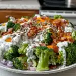 Vibrant broccoli salad with bacon, cheddar, creamy dressing, red onion, and sunflower seeds on a white plate.