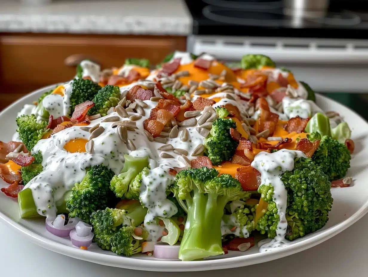 Vibrant broccoli salad with bacon, cheddar, creamy dressing, red onion, and sunflower seeds on a white plate.