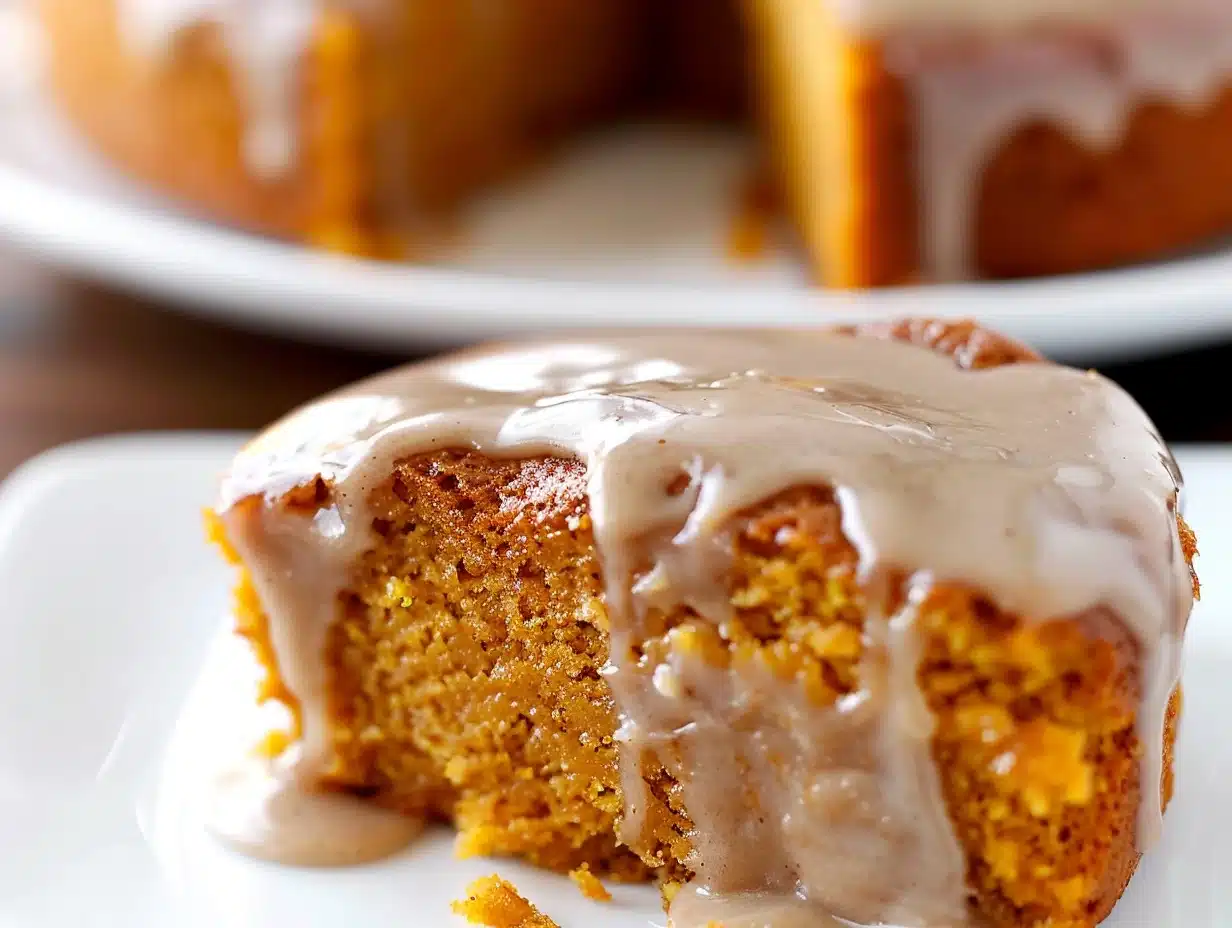 Close-up of moist pumpkin cake slice drizzled with shiny apple cider glaze, showcasing soft texture and rich autumn colors on a white plate.