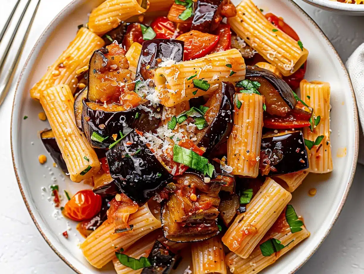 Close-up of vibrant roasted eggplant pasta with cherry tomatoes and fresh basil on a white plate