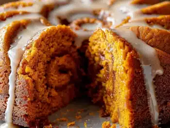 Close-up of moist sweet potato honeybun cake with cinnamon swirl and glaze drizzle