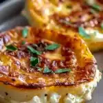 Close-up of golden baked cottage cheese eggs garnished with fresh chopped herbs on a plate