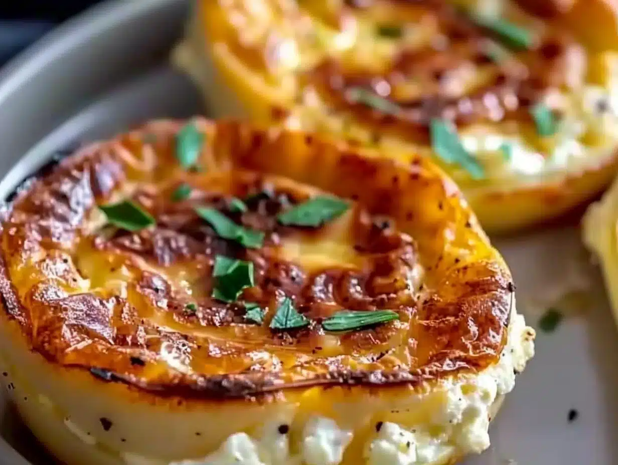 Close-up of golden baked cottage cheese eggs garnished with fresh chopped herbs on a plate
