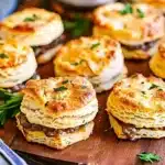Golden layered Baked French Dip Biscuits stuffed with roast beef and melty cheese on a wooden board, garnished with herbs.
