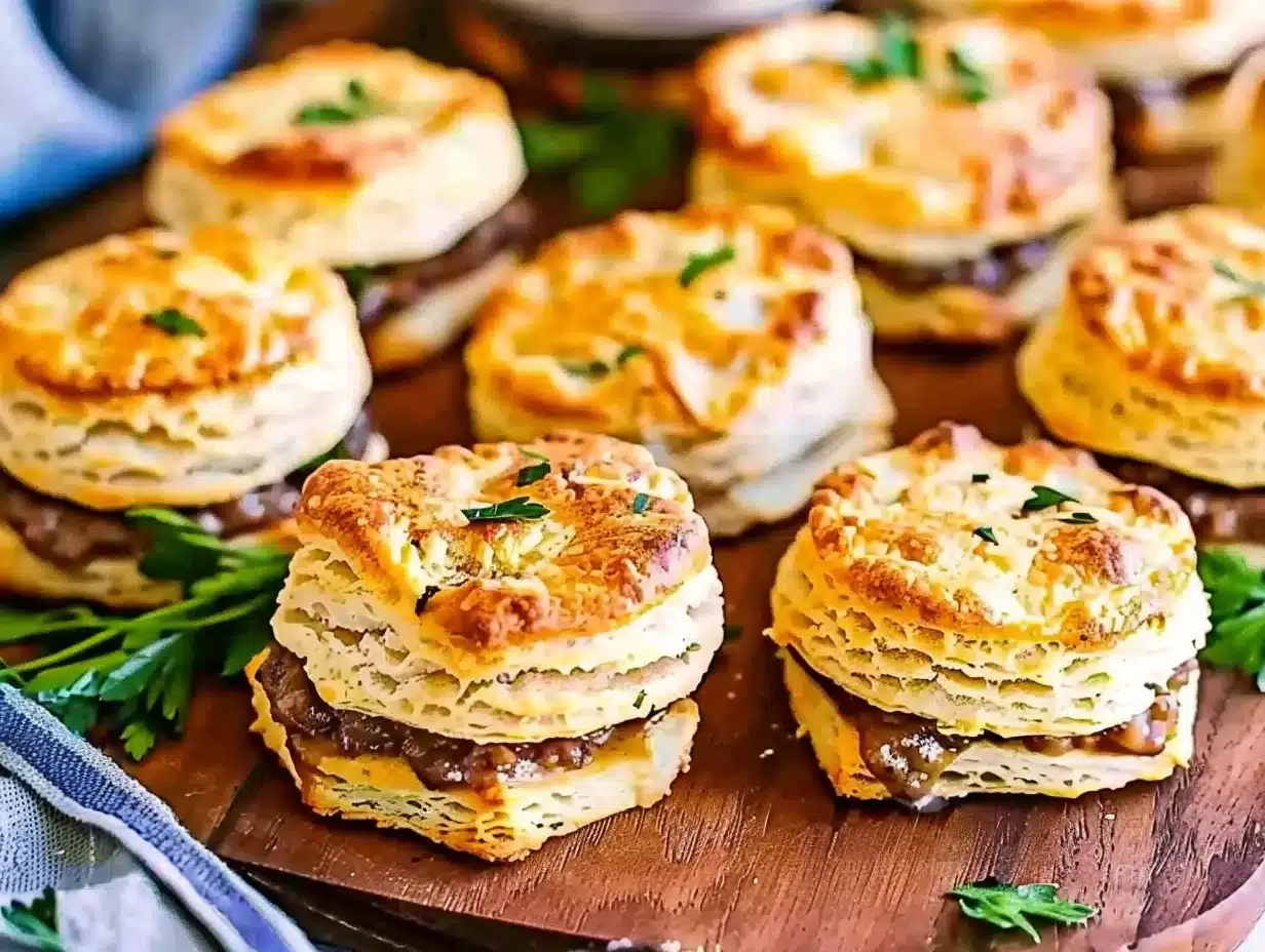 Golden layered Baked French Dip Biscuits stuffed with roast beef and melty cheese on a wooden board, garnished with herbs.