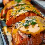 Close-up of perfectly cooked salmon fillets drizzled with creamy bang bang sauce and chopped green onions in a pan