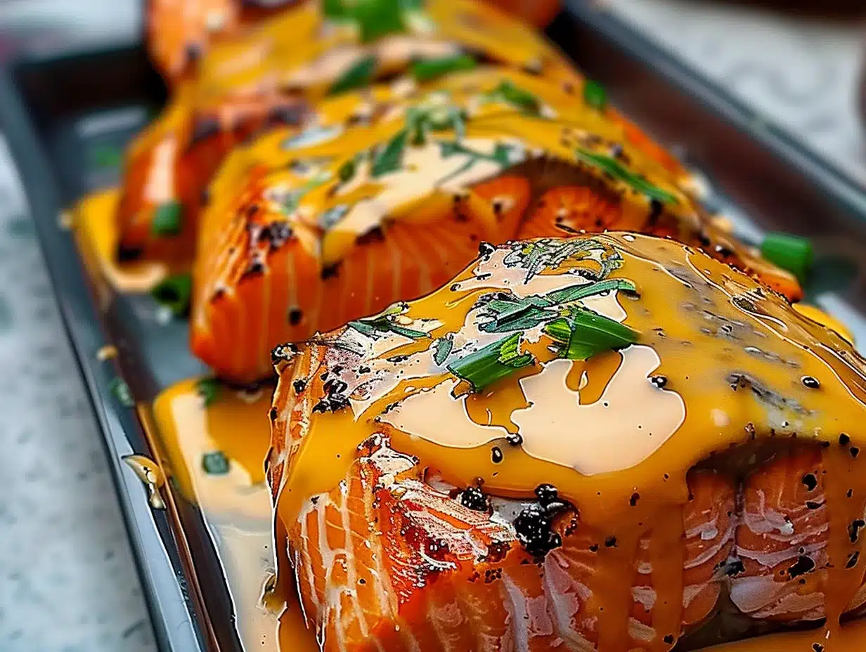 Close-up of perfectly cooked salmon fillets drizzled with creamy bang bang sauce and chopped green onions in a pan