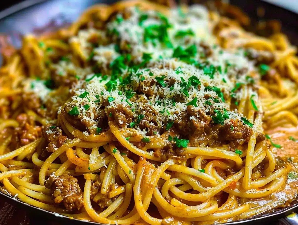 Creamy three-cheese parmesan Cajun beef spaghetti garnished with fresh parsley