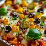 Close-up of a cheesy low carb bowl topped with olives, bell peppers, pepperoni, and fresh basil leaves