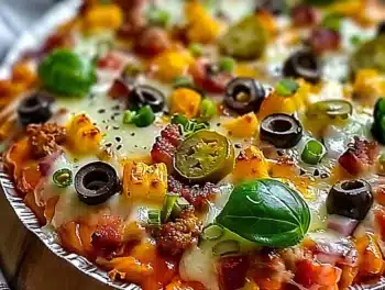 Close-up of a cheesy low carb bowl topped with olives, bell peppers, pepperoni, and fresh basil leaves
