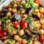 Close-up of a colorful chickpea and eggplant Mediterranean salad garnished with fresh herbs