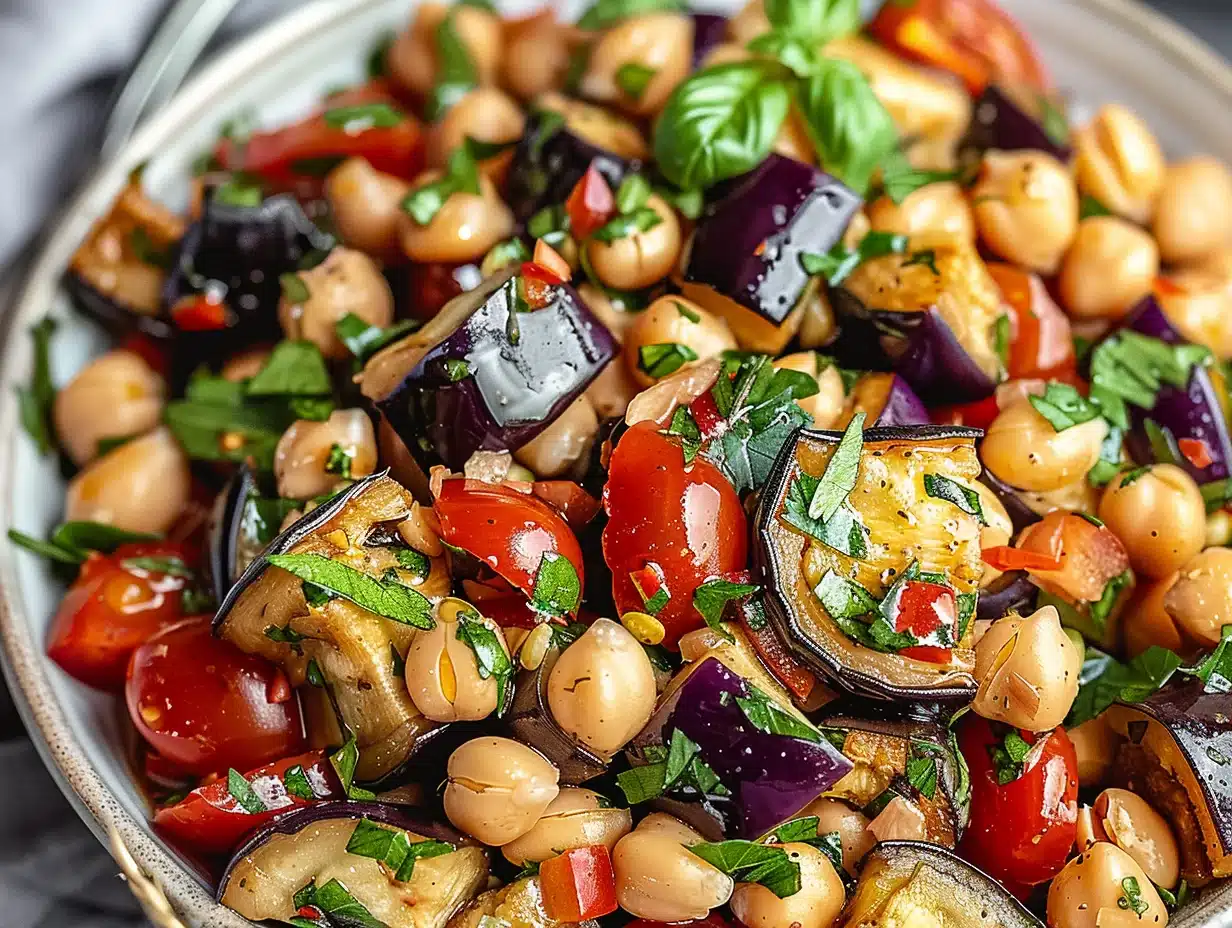 Close-up of a colorful chickpea and eggplant Mediterranean salad garnished with fresh herbs