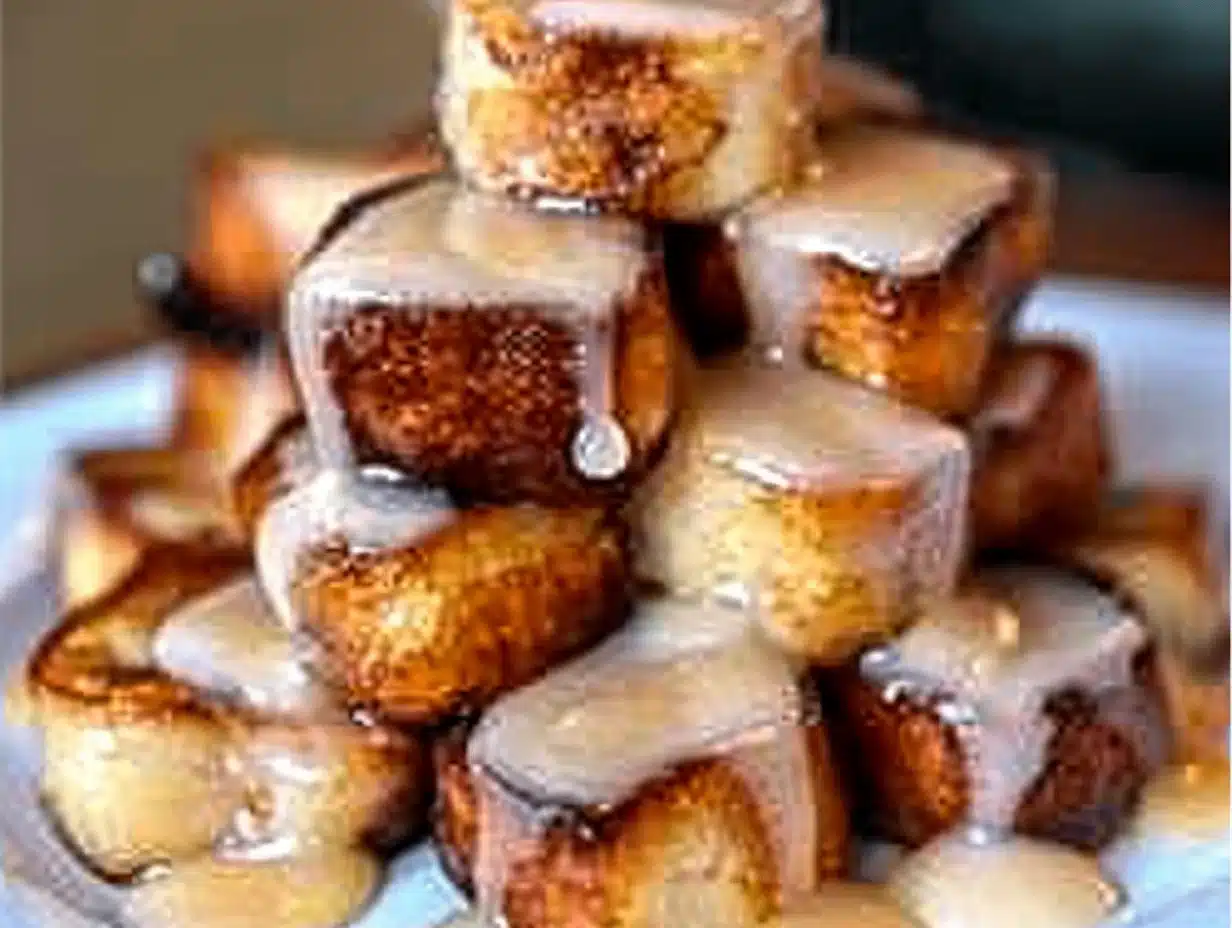 Golden-brown cinnamon roll French toast bites stacked and drizzled with sweet icing, tempting and inviting for a dreamy breakfast.