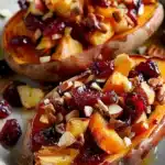 Close-up of vibrant cranberry apple stuffed twice-baked sweet potatoes with pecans in a baking dish.