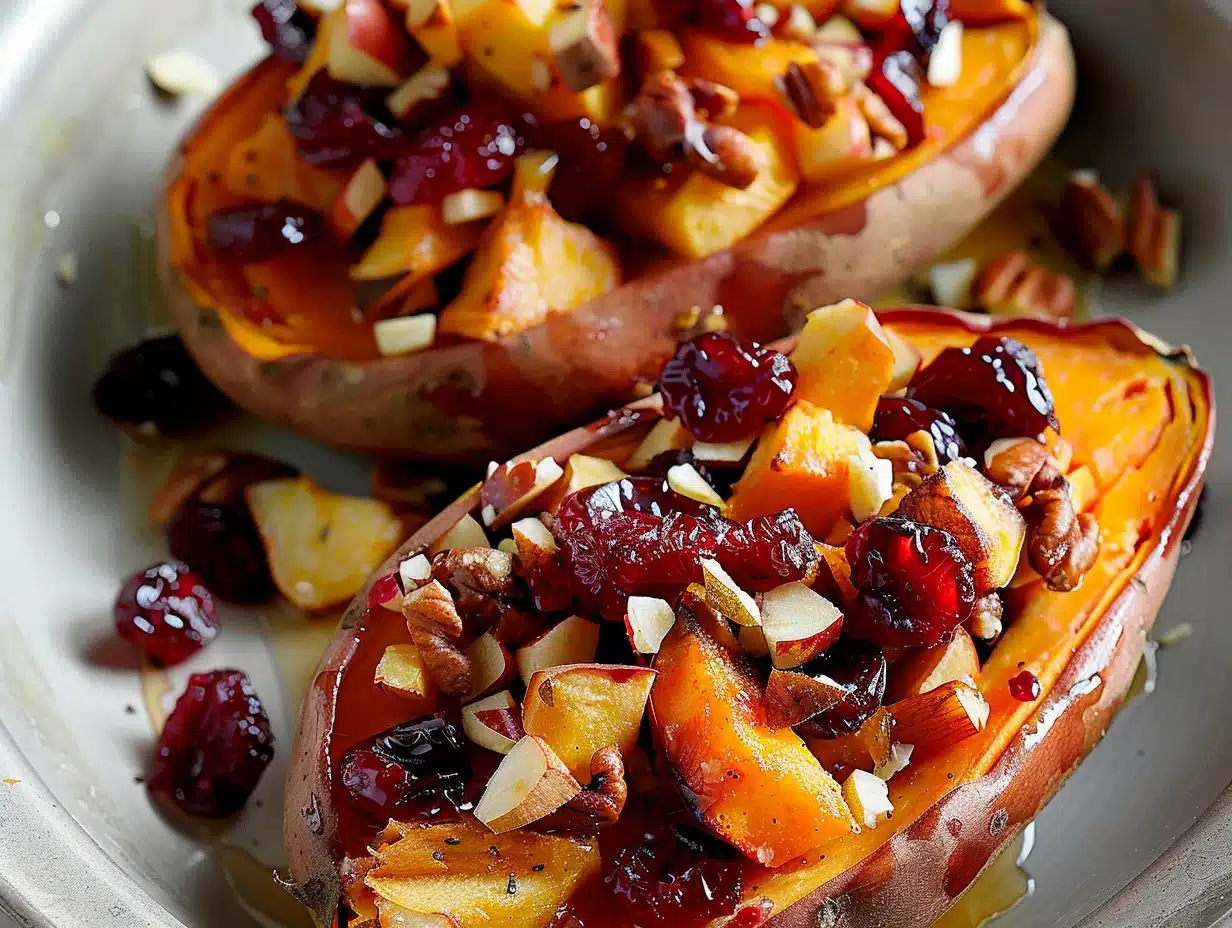 Close-up of vibrant cranberry apple stuffed twice-baked sweet potatoes with pecans in a baking dish.