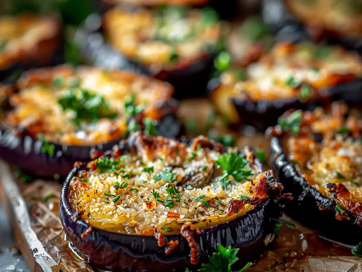 Close-up of crispy baked eggplant slices topped with Parmesan and parsley on a baking tray