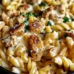 Closeup of Crockpot Garlic Parmesan Chicken Pasta with creamy sauce, golden chicken pieces, and fresh parsley garnish in a black bowl.
