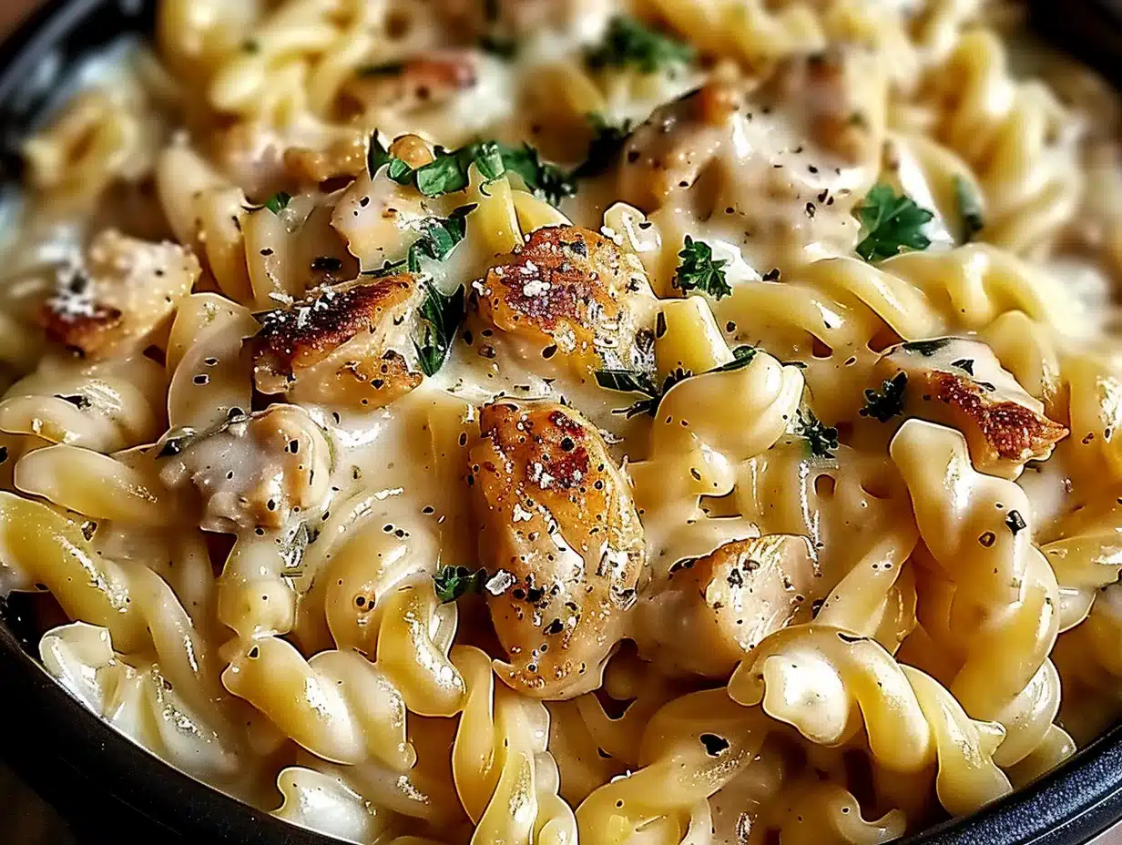 Closeup of Crockpot Garlic Parmesan Chicken Pasta with creamy sauce, golden chicken pieces, and fresh parsley garnish in a black bowl.