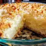 Slice of golden crustless coconut pie with toasted coconut flakes in a glass pie dish