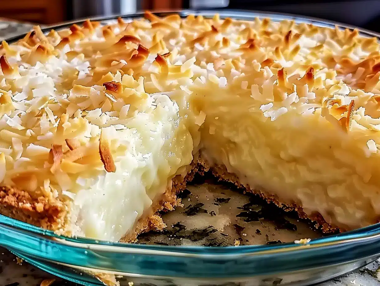 Slice of golden crustless coconut pie with toasted coconut flakes in a glass pie dish