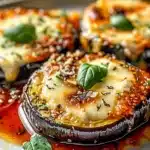 Close-up of baked Easy Eggplant Parmesan slices with melted cheese and fresh basil on top