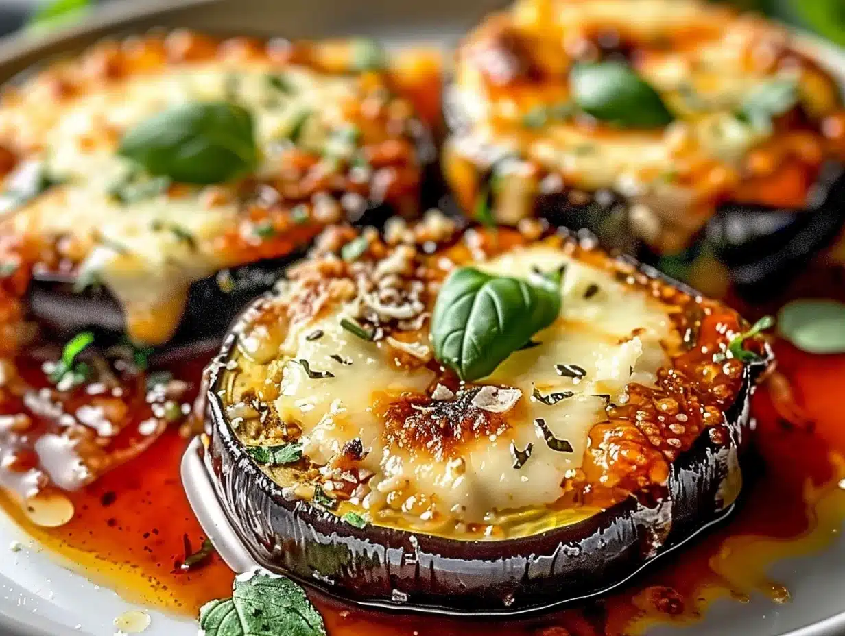Close-up of baked Easy Eggplant Parmesan slices with melted cheese and fresh basil on top