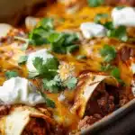 Close-up of cheesy ground beef enchiladas topped with sour cream and fresh cilantro in a baking dish.