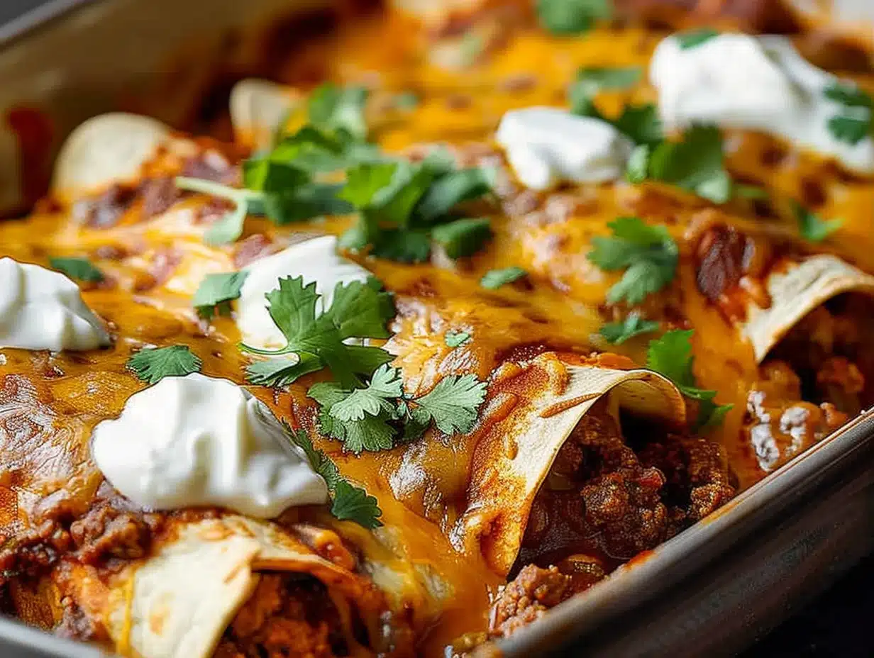 Close-up of cheesy ground beef enchiladas topped with sour cream and fresh cilantro in a baking dish.