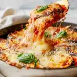 Golden melted cheese and marinara sauce on crispy eggplant slices garnished with fresh basil in a skillet.