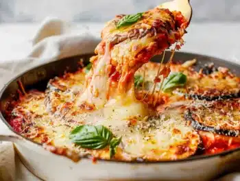 Golden melted cheese and marinara sauce on crispy eggplant slices garnished with fresh basil in a skillet.