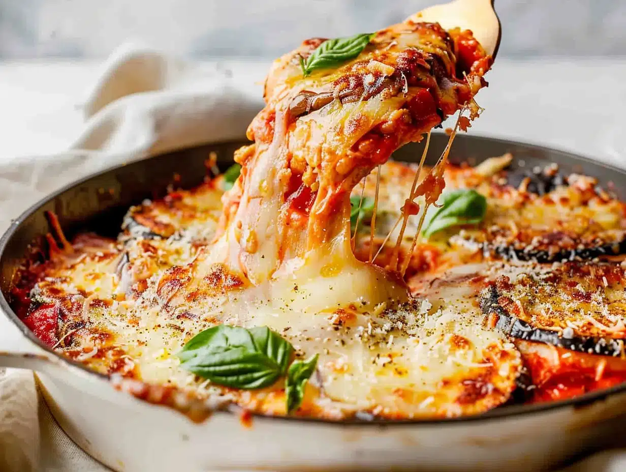 Golden melted cheese and marinara sauce on crispy eggplant slices garnished with fresh basil in a skillet.