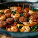 Close-up of sizzling keto shrimp and sliced sausage cooked with vegetables in a skillet