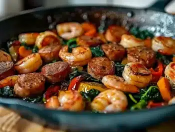 Close-up of sizzling keto shrimp and sliced sausage cooked with vegetables in a skillet