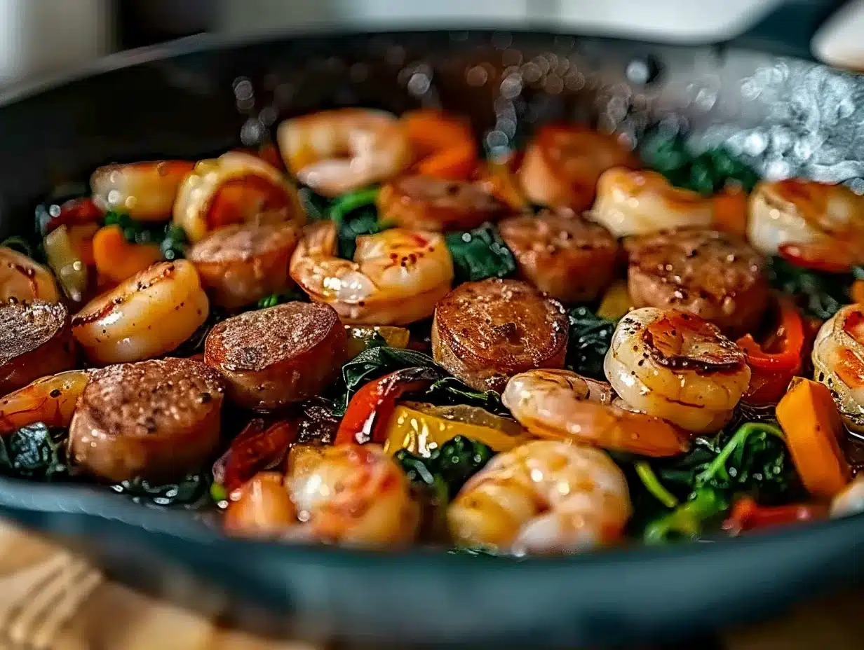 Close-up of sizzling keto shrimp and sliced sausage cooked with vegetables in a skillet