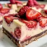 Close-up image of keto strawberry cheesecake bars topped with fresh sliced strawberries, featuring a creamy filling and nutty crust.
