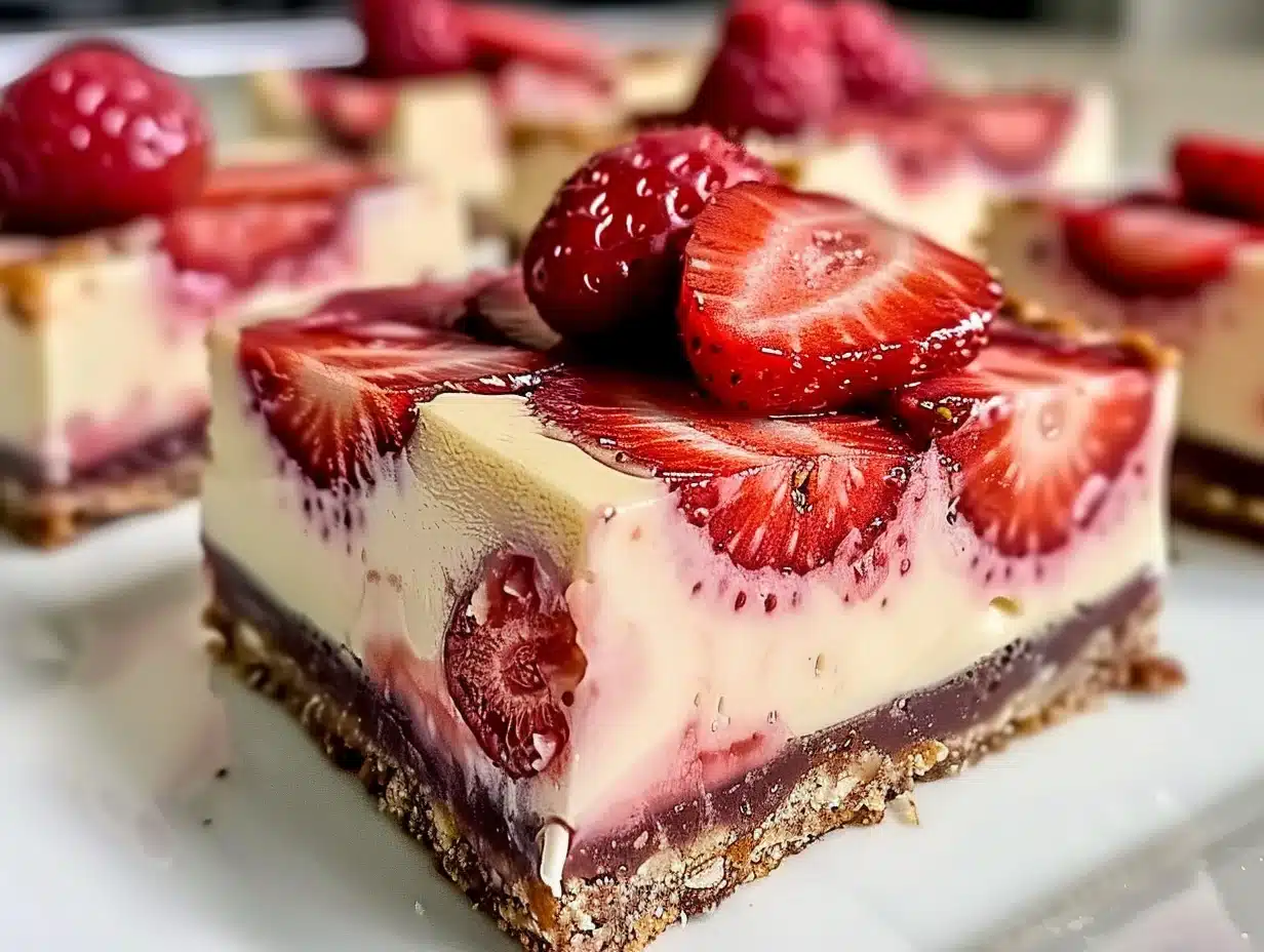 Close-up image of keto strawberry cheesecake bars topped with fresh sliced strawberries, featuring a creamy filling and nutty crust.
