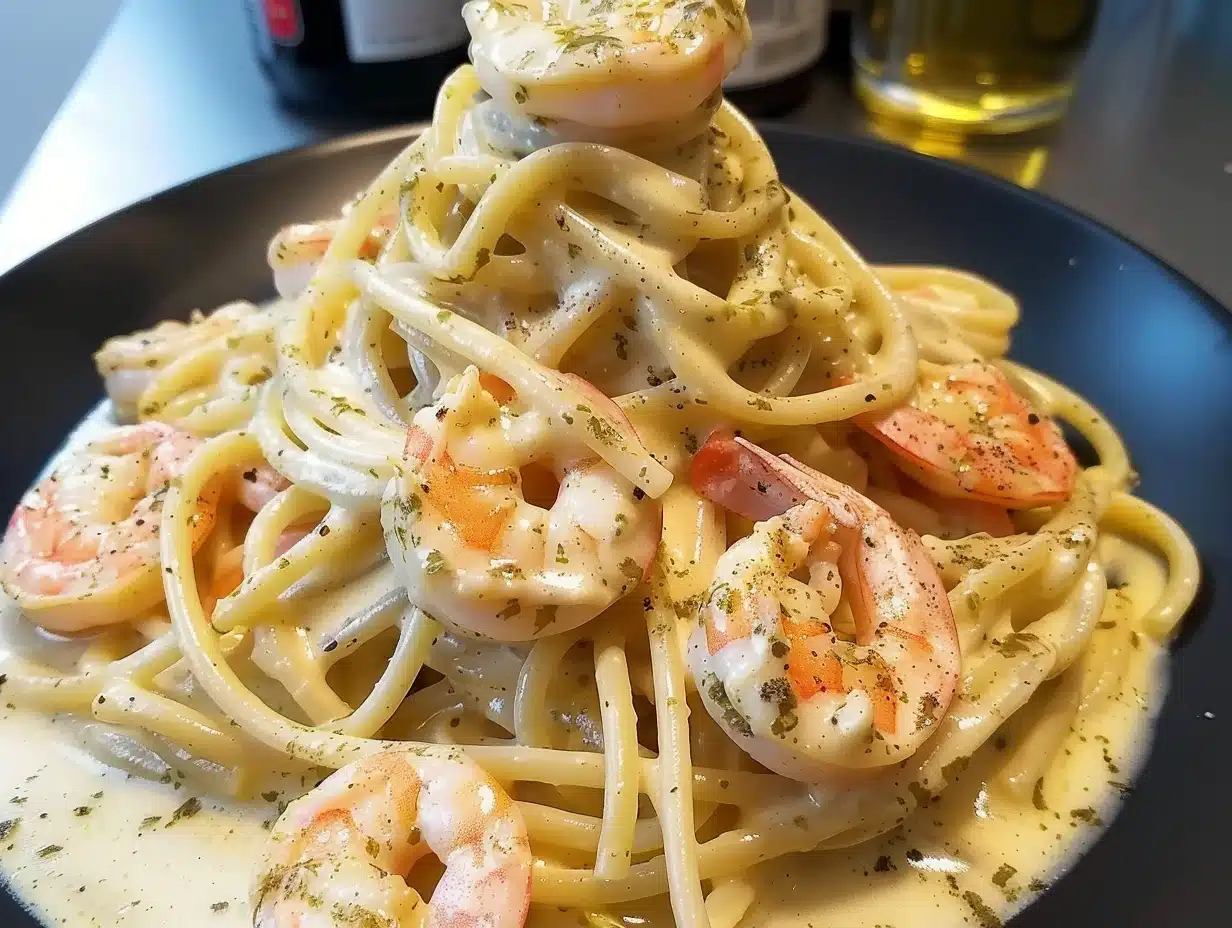 A blissful serving of linguine tossed in creamy shrimp sauce and topped with fresh parsley and lemon zest on a black plate.