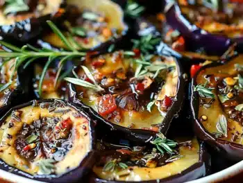 Close-up of golden roasted eggplant slices with herbs and spices, showcasing a vibrant Mediterranean dish