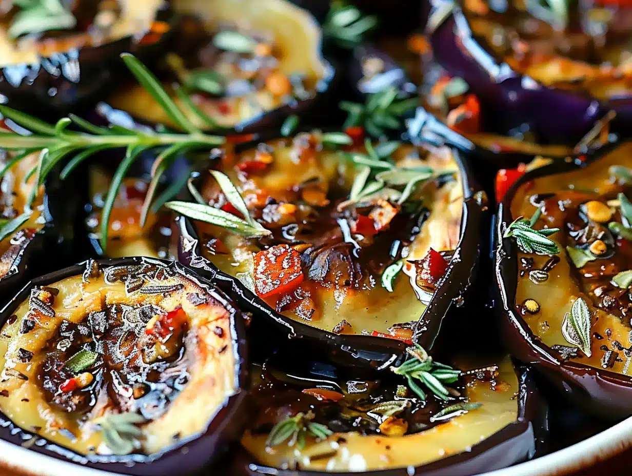 Close-up of golden roasted eggplant slices with herbs and spices, showcasing a vibrant Mediterranean dish