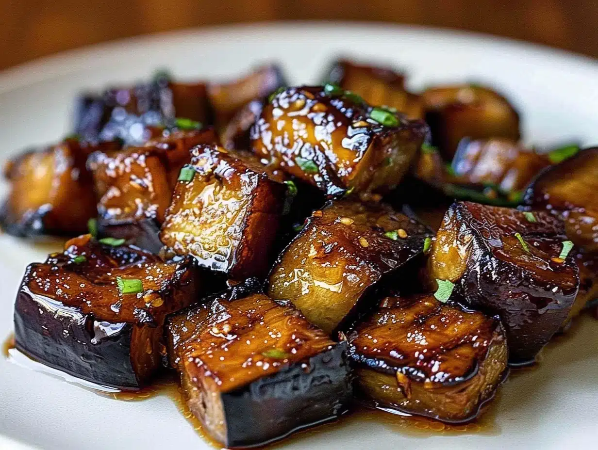Close-up of vibrant, glossy miso glazed eggplant cubes garnished with sesame seeds and chopped green onions on a white plate.