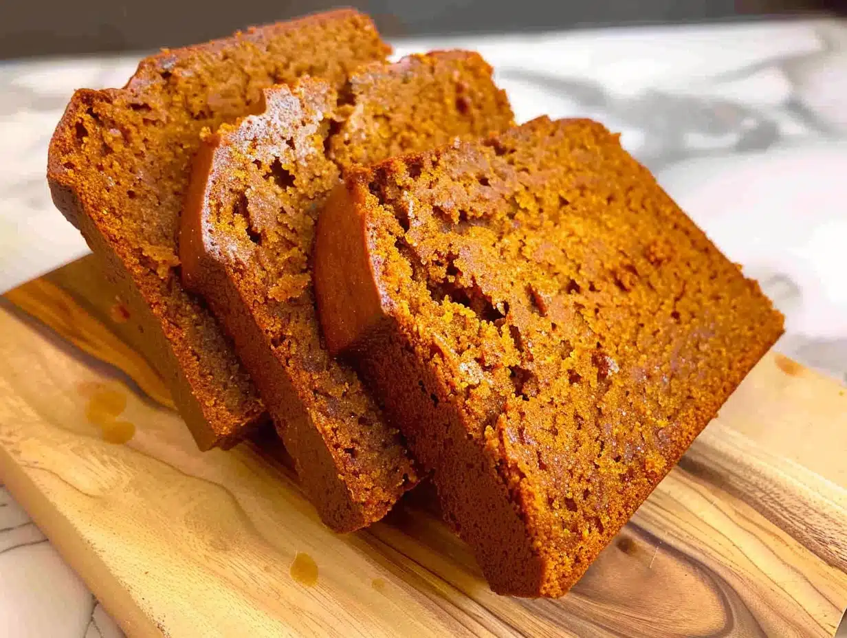 Thick slices of homemade pumpkin bread with a golden, moist crumb on a wooden board.