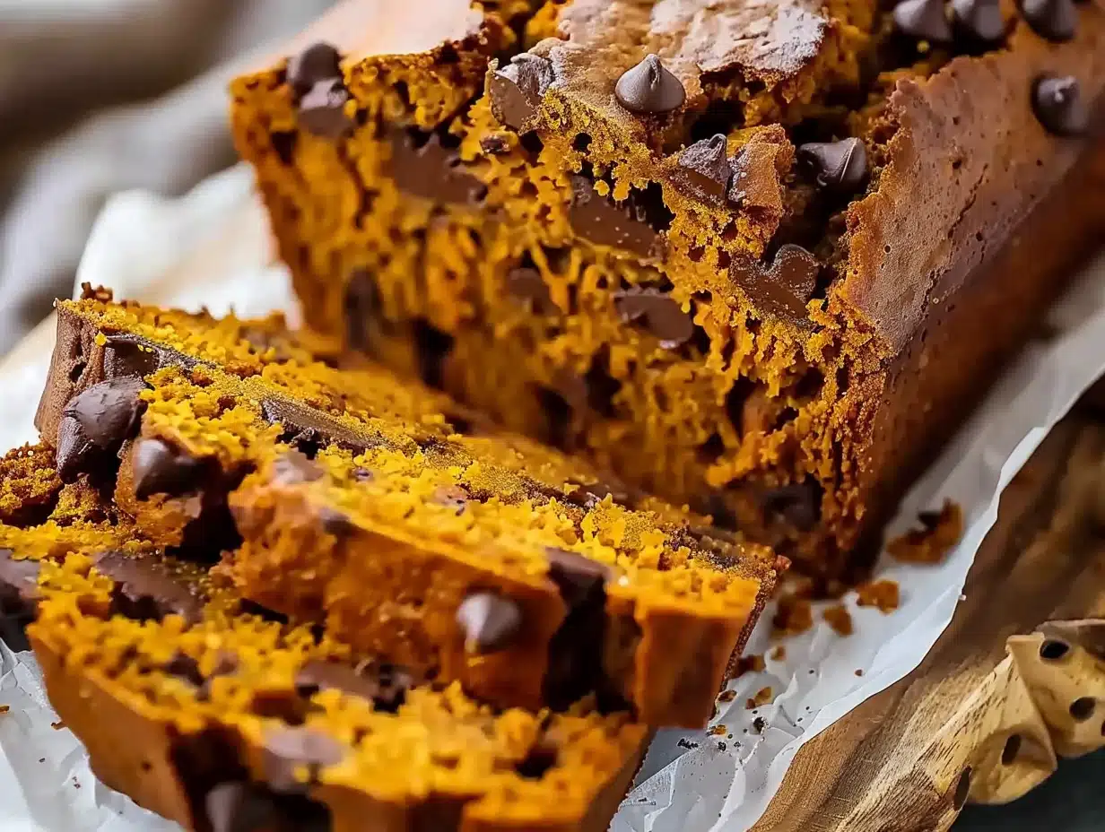 Closeup of moist pumpkin chocolate chip bread with gooey chocolate chips and golden-orange crumb, sliced on parchment and wood board.