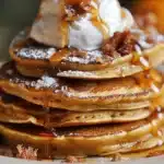 Stack of golden pumpkin pie pancakes topped with whipped cream and drizzled maple syrup