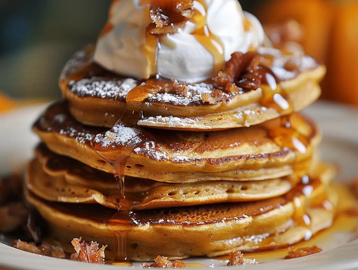 Stack of golden pumpkin pie pancakes topped with whipped cream and drizzled maple syrup