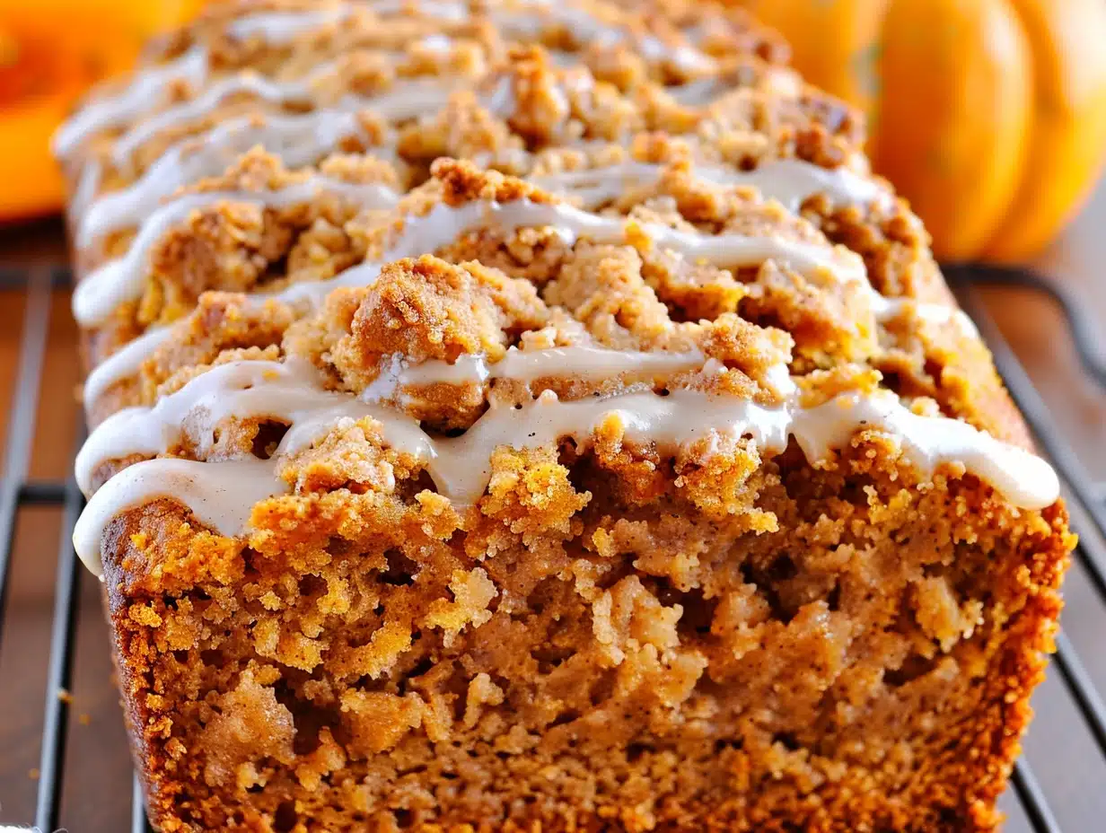 Close-up of pumpkin streusel bread with golden crumb and crumbly streusel topping drizzled with icing, perfect for autumn treats.