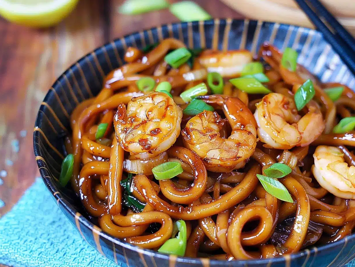 Close-up of delicious Yaki Udon with shrimp garnished with chopped spring onions in a patterned bowl